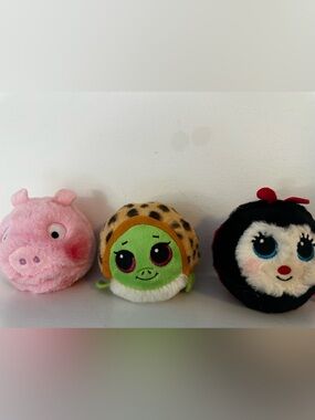 Ty Beanie Bouncers Lot (3) Soft Fuzzy Animal Balls- Turtle Props Pig Ladybug Toy